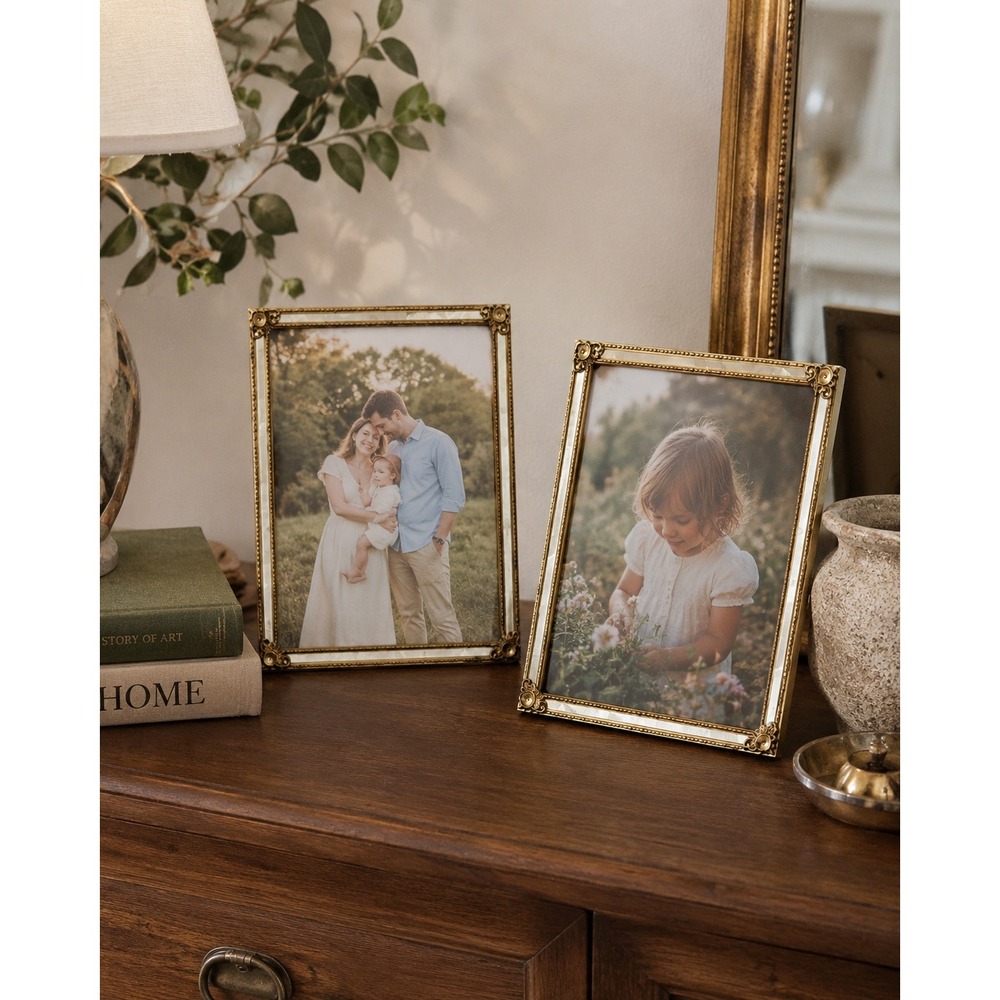 Vintage Pair 5x7 Gold Tone Metal Picture Frames Ornate Corner Tabletop Frames